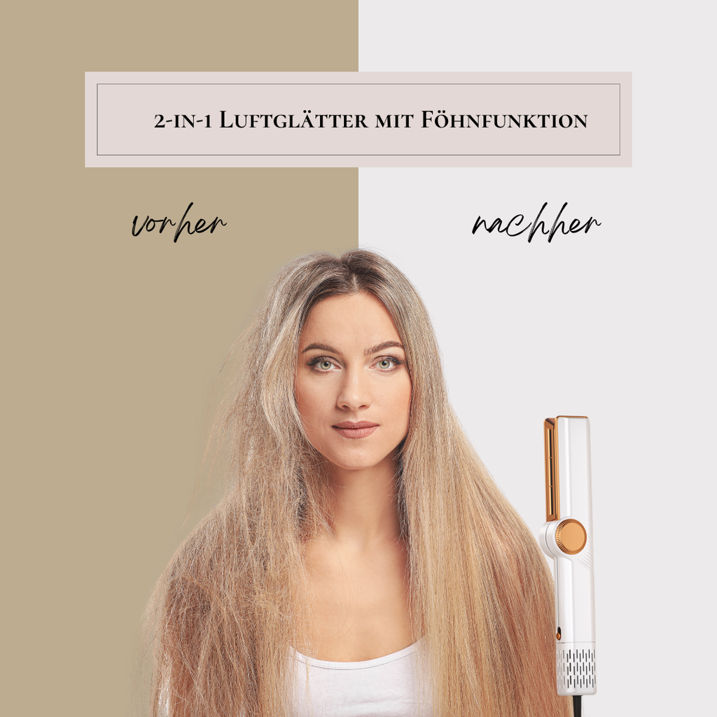 Vorher-Nachher-Motiv: welliges Haar und glattes Haar, 2-in-1 Luftglätter mit Föhnfunktion