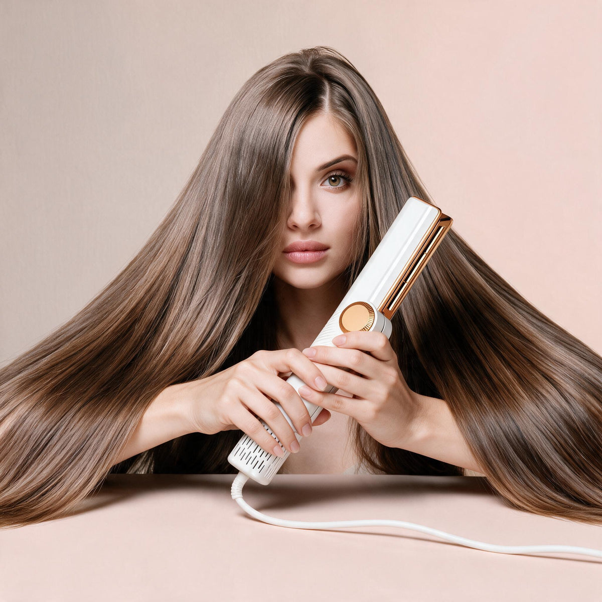 Frau mit langen, glatten Haaren hält den weißen Luftglätter von Innovationgut in den Händen